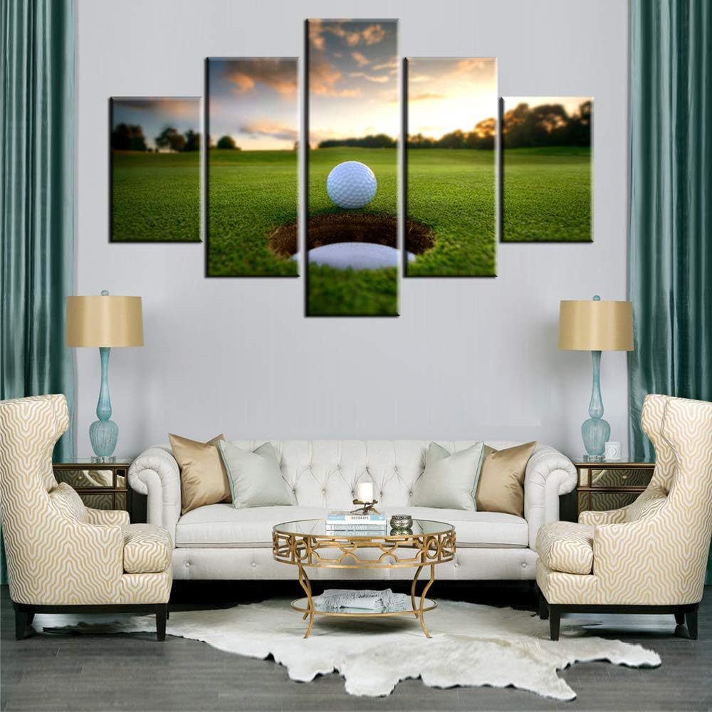 Golf Cours Paintings Golf Ball at Sunset Pictures Green Field Wall Art for Living Room 5 Piece Printed on Canvas Contemporaray Artwork House Decor Famed Gallery-Wrapped Ready to Hang(60''W x 40''H)