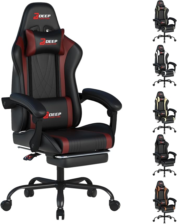 Ergonomic Gaming Chair with Footrest and Lumbar Massage, Racing Office Chair, High Back Computer Desk Chair with Headrest Pillow for Adults, Video Game Chair for PC Gamer (1001-Red)