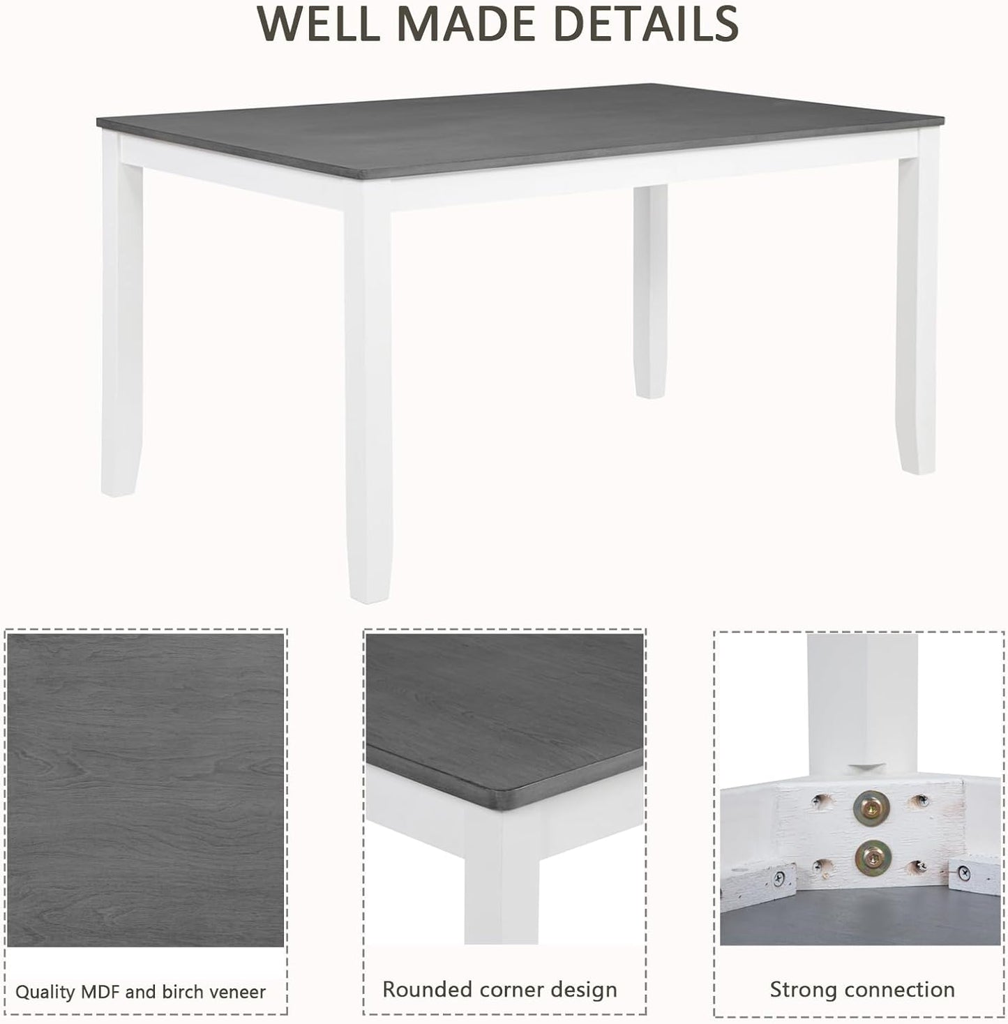 soges 6-Piece Kitchen Dining Table Set with Bench, Wood Dining Table Set for 6, Modern 6-Person Table Set for Dining Room, Kitchen, Grey & White