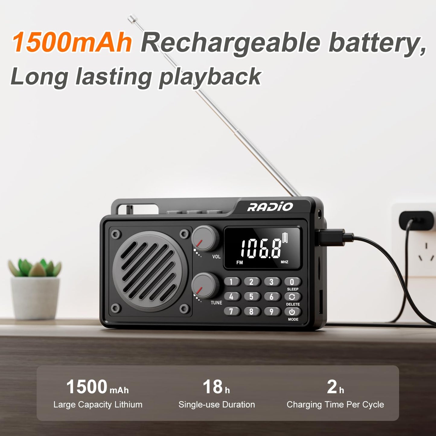 Portable Radio Am Fm 1500Mah Rechargeable With Best Reception, Transistor Shortwave Radio Wireless Bluetooth Speaker, With Large