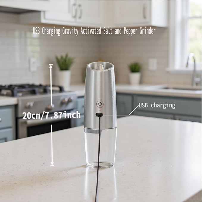 Electric Salt & Pepper Grinder,Spice Grinde USB-Rechargeable with Gravity-Activated LED Light, 150ml Silver Model for Kitchen Cooking, Travel, and Gatherings