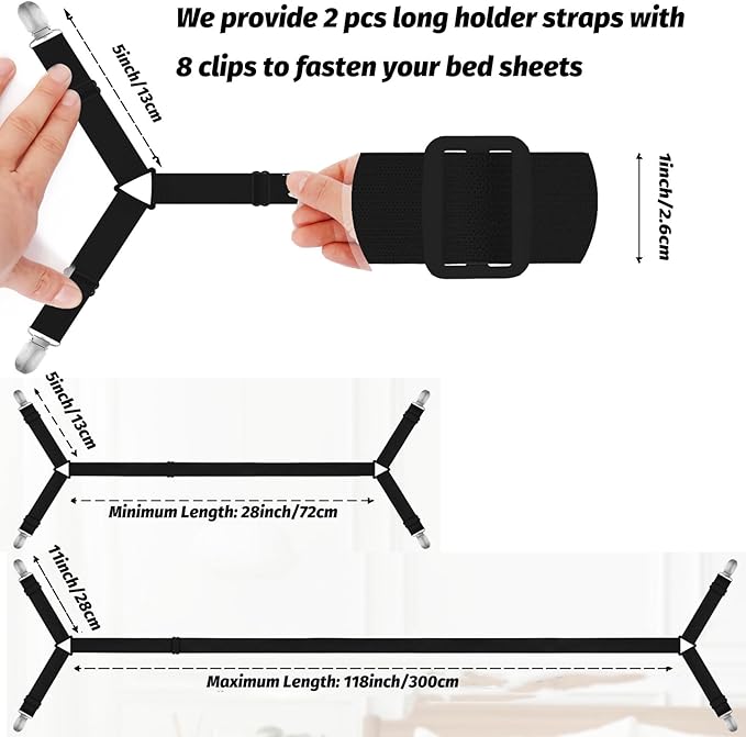 Bed Sheet Holder Straps, 2 Pcs Adjustable Mattress Sheet Clips, Bed Sheet Fasteners Elastic Sheet Suspenders to Keep Bed Sheet in Place for Different Beds (X-Black)