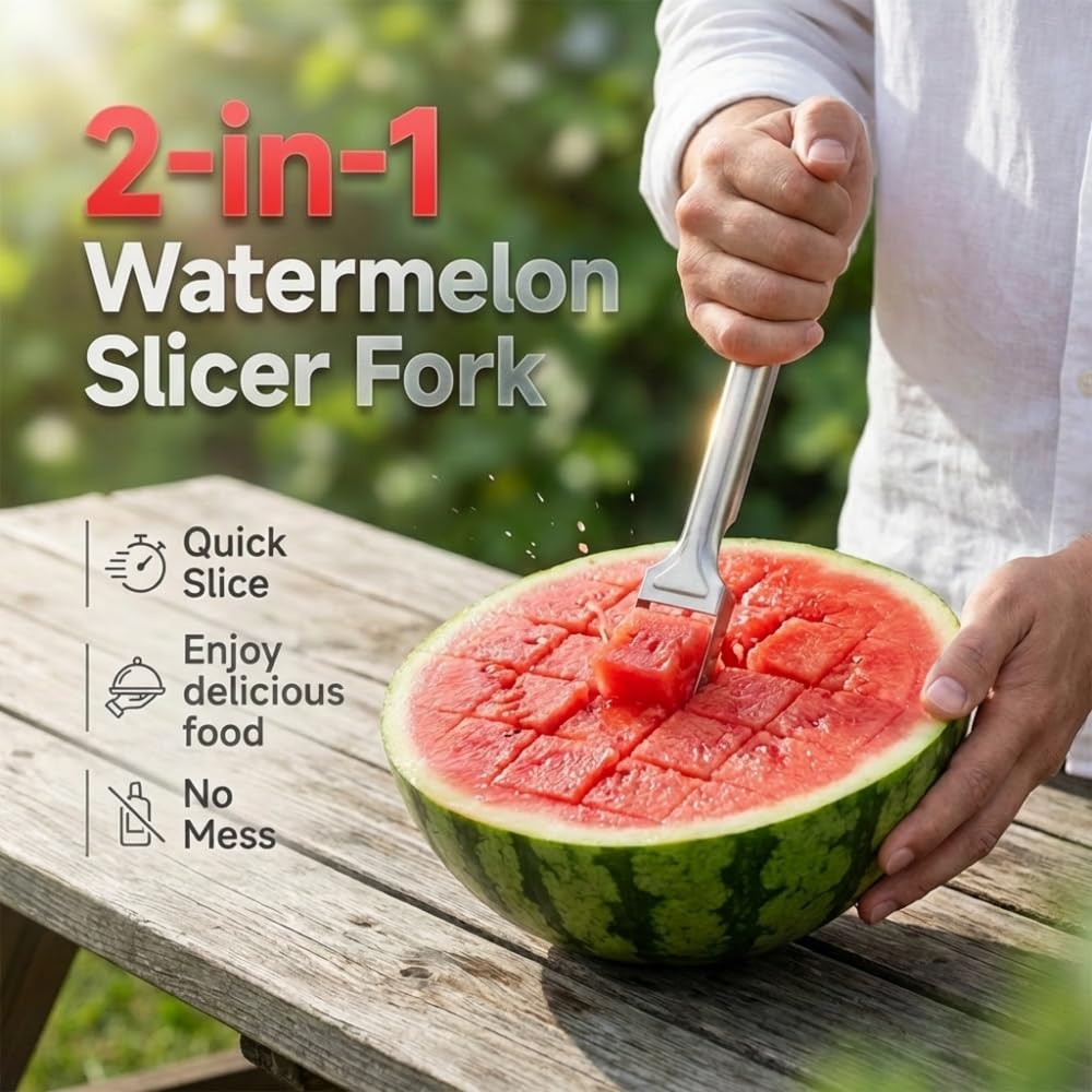 2-in-1 Stainless Steel Fruit Cutter,Dual Head Watermelon Fork Slicer Tool, 2026 New Summer Fruit Watermelon Cutter Slicer Tool,For Home Party Camping Picnics Kitchen Gadget (1PC)