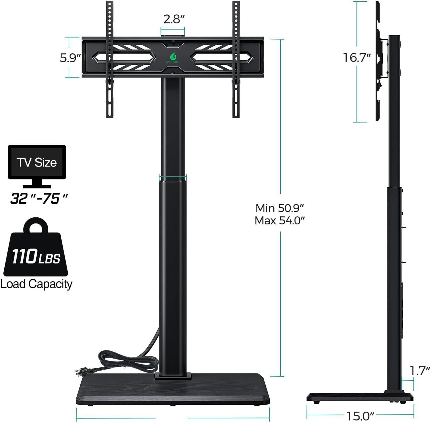 Greenstell TV Stand with Power Outlet, Universal Floor TV Stand for 32-75 inch TVs, Height Adjustable, Swivel Tall TV Mount Stand with Wood Base, Holds up to 110 LBs, Max VESA 600x400mm