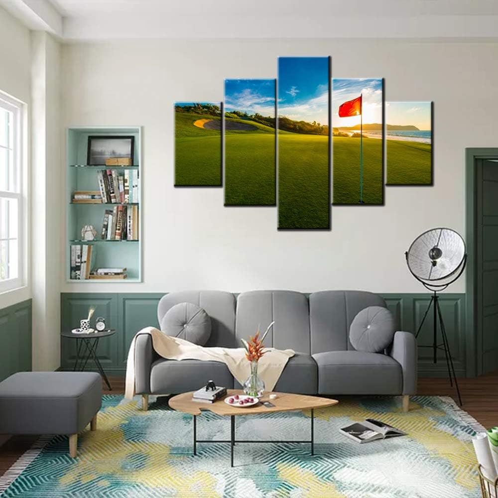 Golfing Pictures for Living Room Golf Course Scenery Paintings Red Flag Artwork 5 Piece Canvas Wall Art HD Prints Contemporary House Decoration Wooden Framed Gallery-Wrapped Ready to Hang(60''Wx40''H)