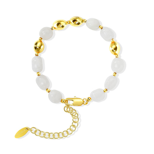 NVWAROCK Beaded Bracelet for Women, Gemstone Bracelet, 14K Gold Plated Stackable Handmade Oval Stone Bracelet Jewelry Gift - White