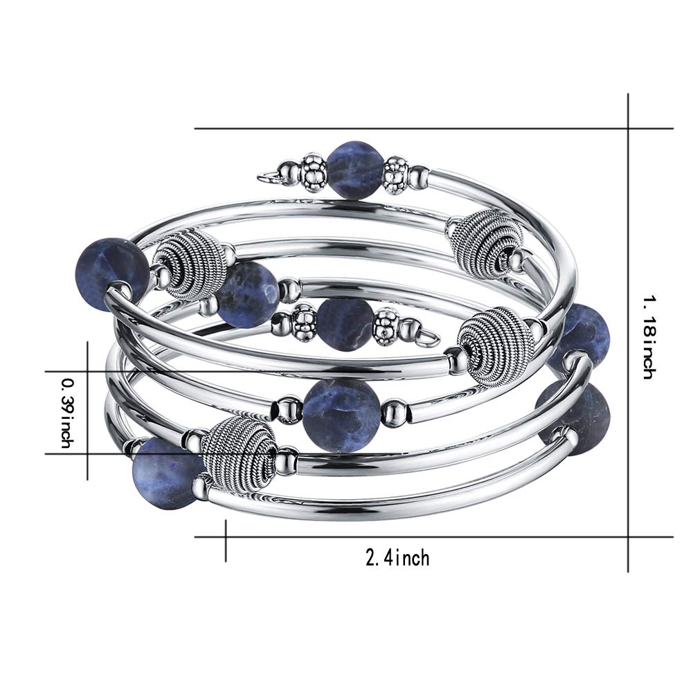 PEARL&CLUB Beaded Chakra Bangle Turquoise Bracelet - Fashion Jewelry Wrap Bracelet with Thick Silver Metal and Mala Beads, Birthday Gifts For Women(63-Navy Blue)
