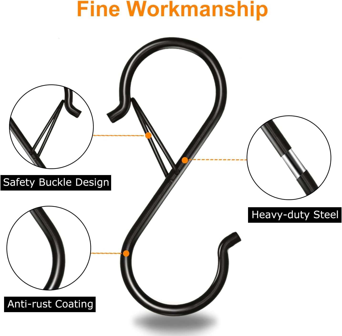 8 Pack S Hooks for Hanging, 3.5 inch Heavy Duty Metal S Hooks with Safety Buckle S Shaped Hooks Pot Rack Closet Hooks for Hanging Plants, Clothes, Kitchen Utensil, Pots, Pans, Bags (Black)