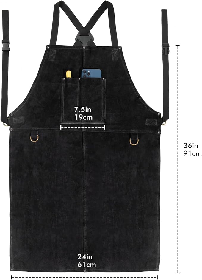 Leather Welding Work Apron - Heat Resistant & Flame Resistant Bib Apron, Flame Retardant Heavy Duty BBQ Apron