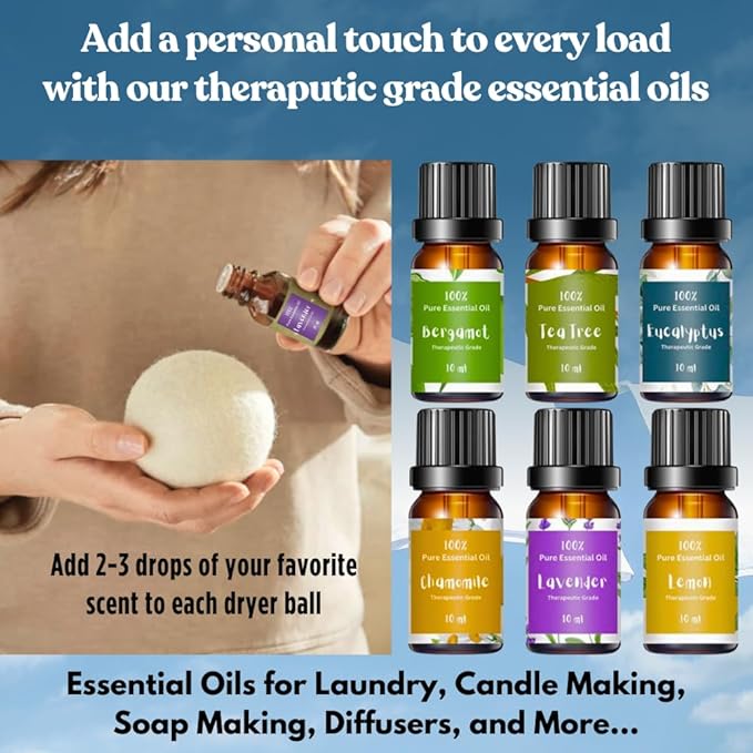 Essential Oils for Laundry | 100% Pure Therapeutic Grade Aromatherapy Essential Oil Set - Top 6 | Dryer Balls, Diffusers, Soaps, Candles | Lavender, Tea Tree, Eucalyptus, Bergamot, Lemon, Chamomile