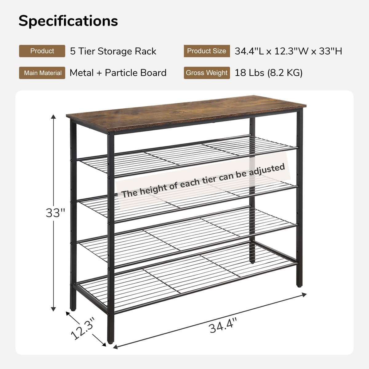 5-Tier Shoe Rack Organizer, Metal Mesh Shoe Storage Shelf, for Entryway, Hallway, Closet, Dorm Room, Industrial, Rustic Brown