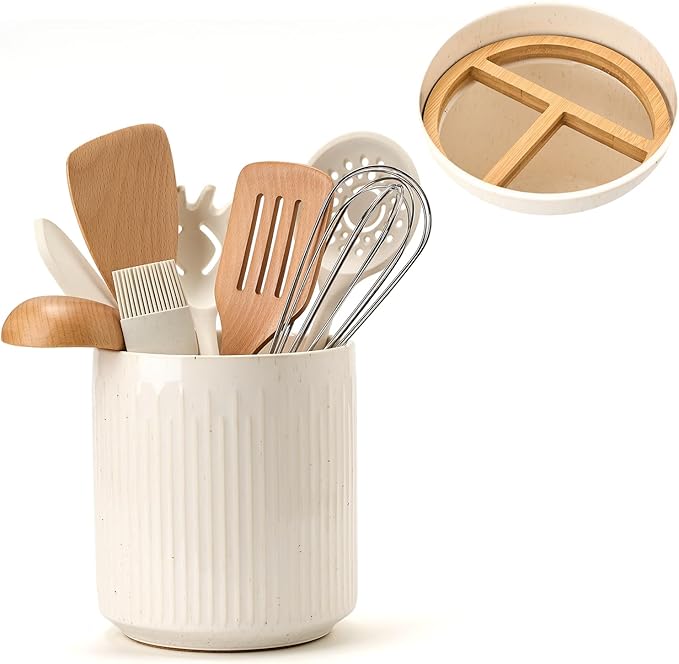 JIEMEI HOME Kitchen Utensil Holder, 7.2" Large Ceramic Stable Utensil Crock for Countertop, Utensil Organizer with Cork Mat, Removable Bamboo Divider for Easy, Kitchen Decor, Speckled White