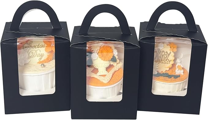 Bakepacker Auto-pop up Individual Cupcake Boxes with Window 60 Count Black Single Cupcakes Box 3.7 x 3.7 x 4.3inch Cupcake Carrier