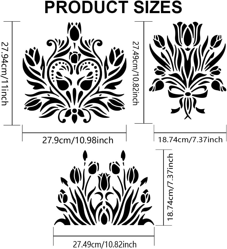 MAYJOYDIY Tulip Stencils for Painting, 11.8 x 11.8 inches, 3 Piece Set with Paint Brush for Home Wall Wood Decor