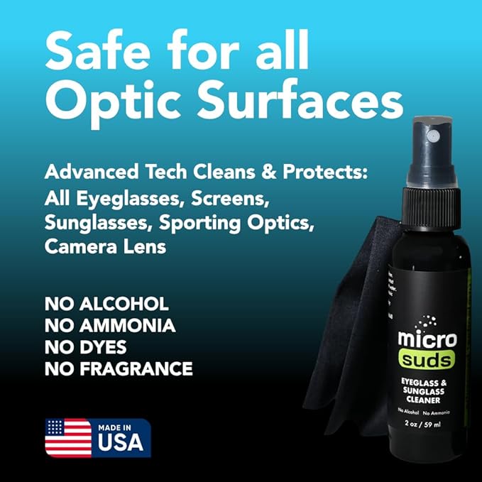 Advanced Eye glass Cleaner Spray Kit | (2x) Glass Cleaner Sprays 2oz & (2x) Glasses Cleaning Cloth | Formula Mitigates Scratches for Eyeglasses, Laptop, Screens | USA MADE (4 piece set)
