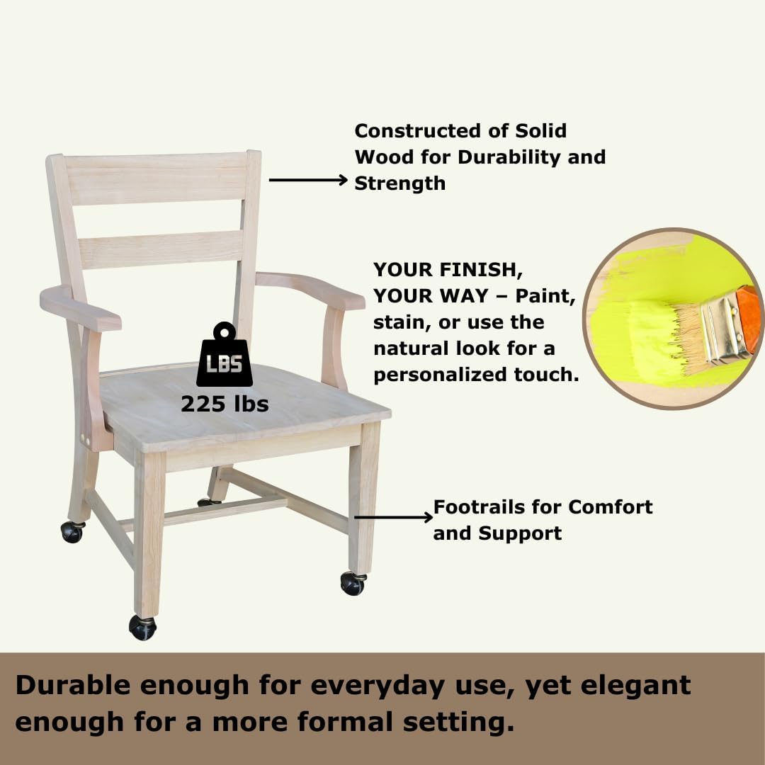 IC International Concepts Dining Chair with Casters, 225lbs wt Capacity, Solid Real Wood, Sturdy Parawood, 24.4"W x 22"D x 35"H, DIY, Paint/Stain Ready, Unfinished