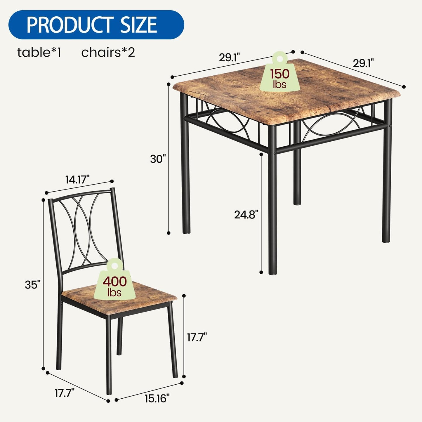 IDEALHOUSE Dining Table Set for 2, Kitchen Table and Chairs for 2, Rectangular Dining Room Table Set, 3-Piece Wood Dining Table Set for Apartment, Small Space, Space Saving, Retro Brown
