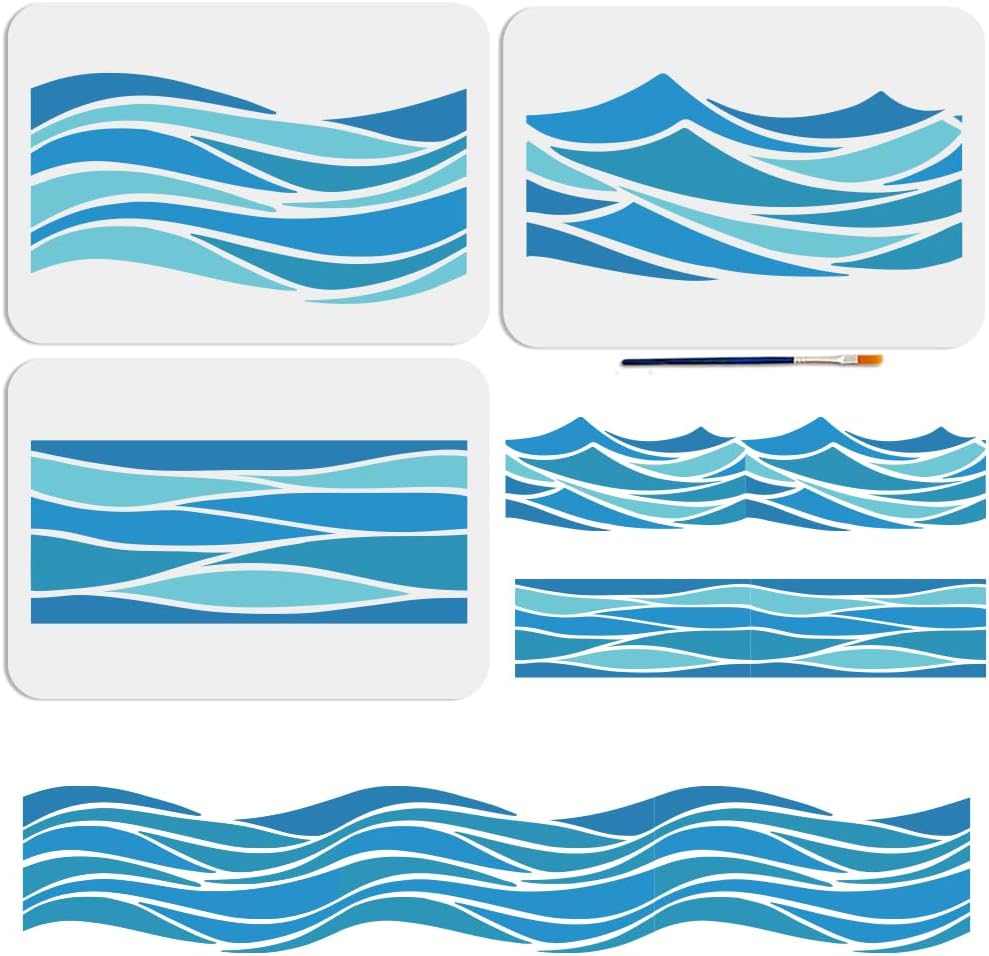 MAYJOYDIY 3pcs Waves Stencil Template 11.7×8.3inch Large Sea Ocean Wave Stencil with Paint Brush Reusable Summer Beach Wave Drawing Templates for Furniture Canvas Home Decor DIY Crafts