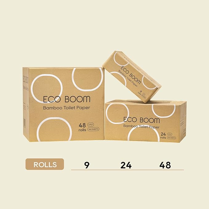 ECO BOOM Toilet Paper 100% Bamboo 3-Ply, Tree Free & Chemical Free Packaging, 24 mega Rolls, 360 Sheets｜PFAS Free, BPA Free, Septic Safe & FSC Certified