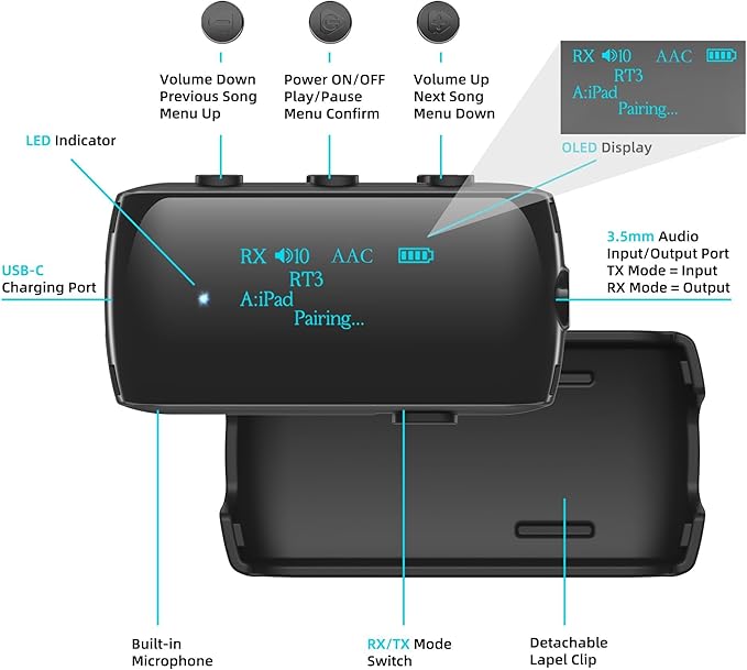 Bluetooth Transmitter Receiver for 2 AirPods/Headphones, Flight Bluetooth 5.2 Adapter for Airplane, TV, and Gym with a 3.5mm Audio Jack, Wireless BT Receiver with Mic for Car/Home Stereo