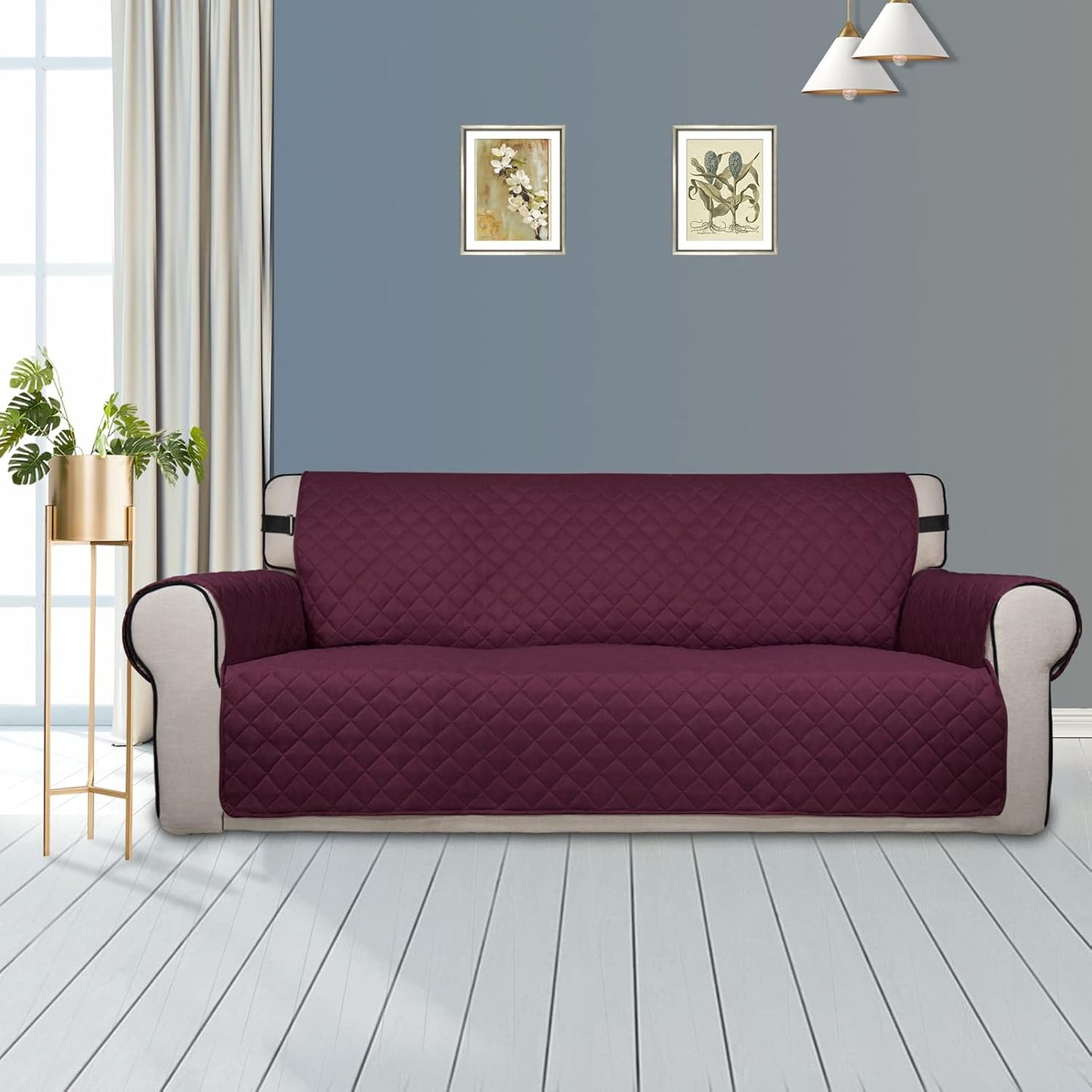 PureFit Reversible Sofa Couch Cover Water Resistant Couch Covers for 3 Cushion, Washable Furniture Cover with Non-Slip Foam and Adjustable Strap for Dogs, Pets (Sofa, Wine/Beige)