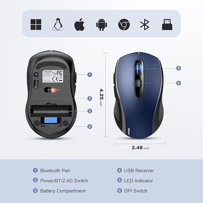 TECKNET Bluetooth Mouse, 4000DPI Wireless Mice for Laptop 2-in-1(BT 5.0/3.0+2.4Ghz) Computer Portable PC Mouse Wireless with USB Receiver for Mac (USB-A+Bluetooth, Blue)