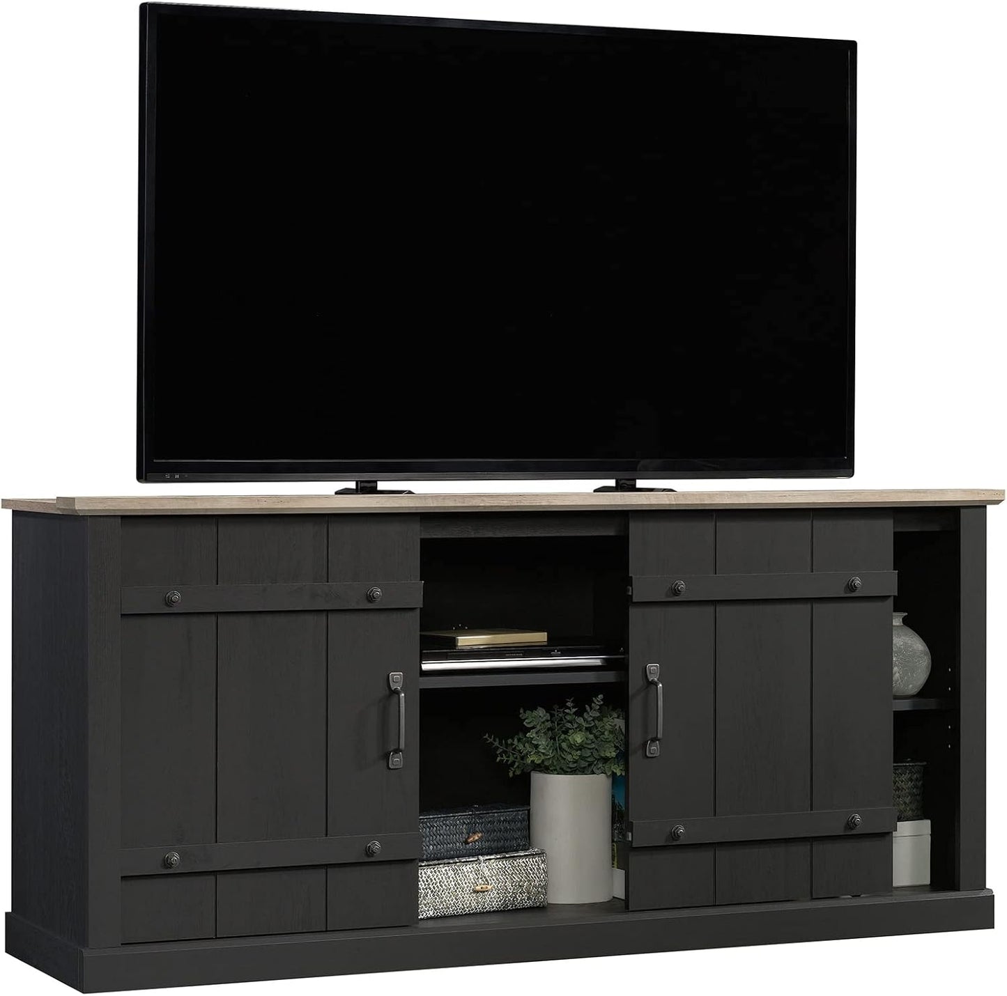 Sauder Misc Entertainment Farmhouse TV Stand, for TVs up to 70", Raven Oak Finish