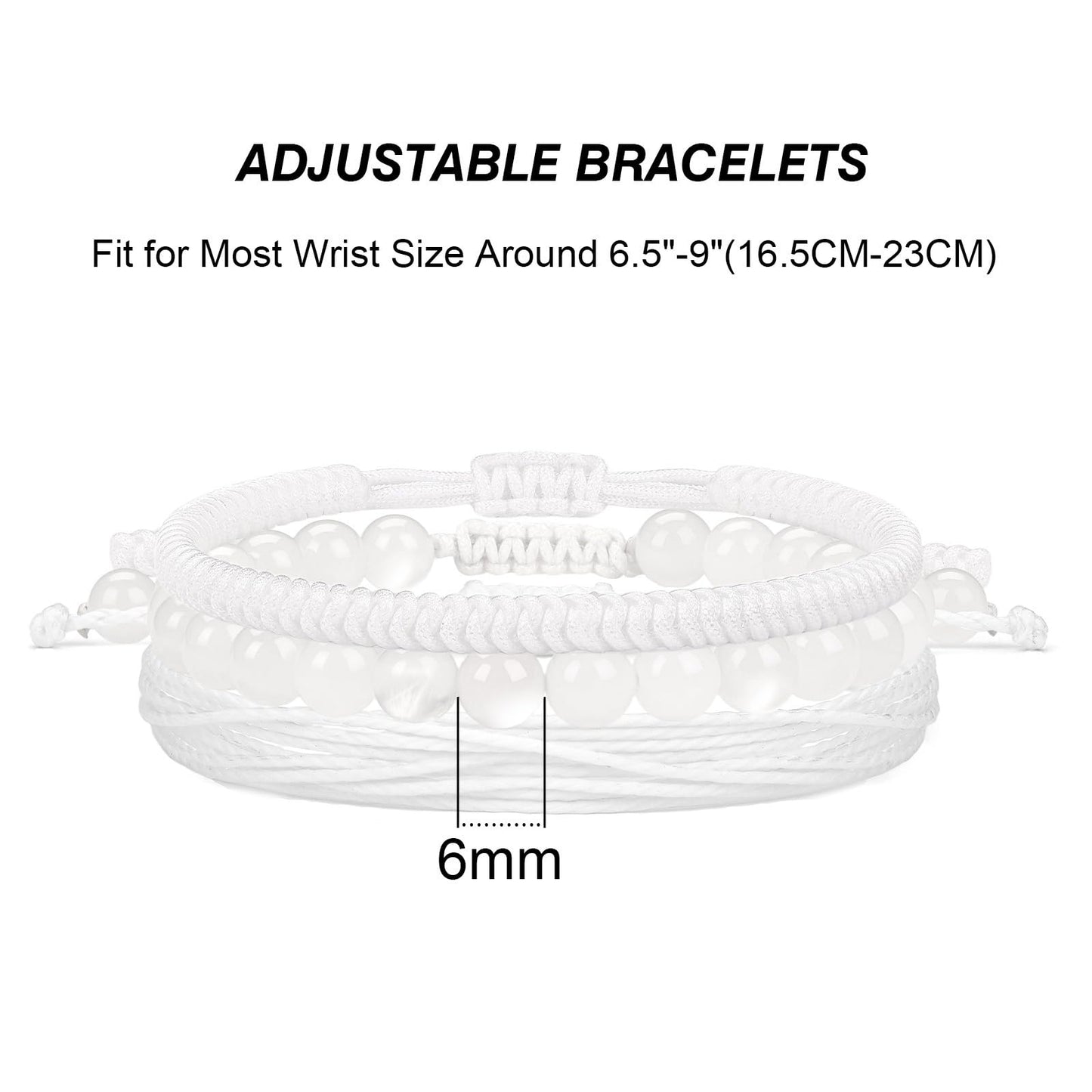 GolbalJew Healing Crystal Beaded Bracelets for Women Men, 6mm Moonstone Stone Beads Bracelets Set with 2PCS Adjustable White Rope Bracelets