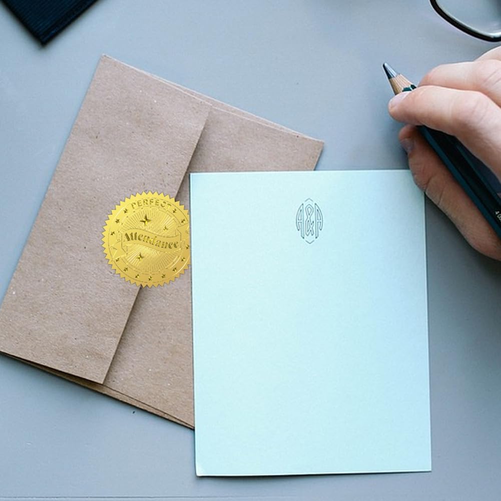 Peacoblue Gold Foil Stickers Seals Official Embossed Perfect Attendance 2Inch 100Pcs, Self Adhesive Gold Around Embossing Medal Sticker for Certificate Paper Awards Envelope and Encouragement to Staff