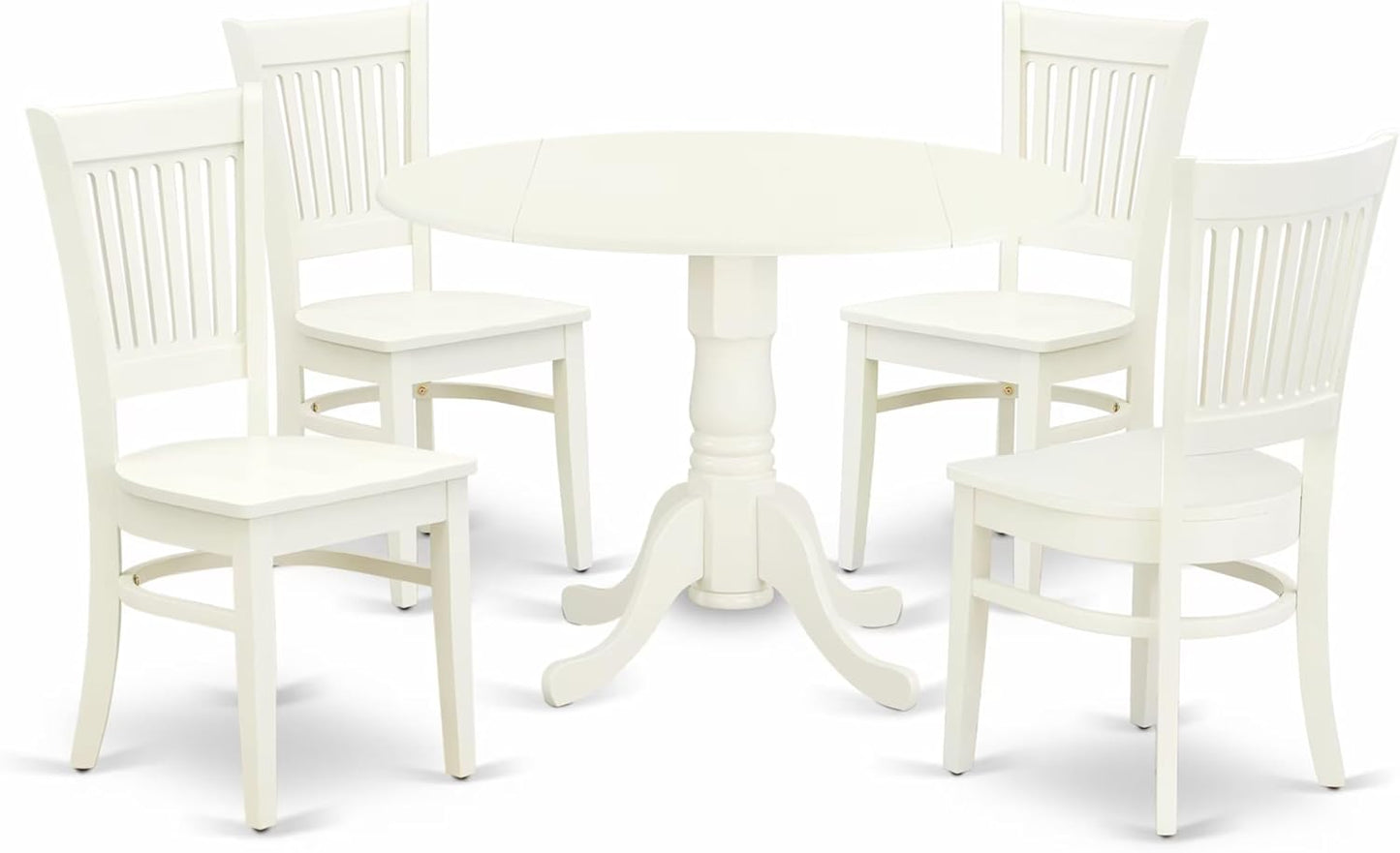 East West Furniture DLVA5-LWH-W 5 Piece Kitchen Table & Chairs Set Includes a Round Dining Room Table with Dropleaf and 4 Dining Chairs, 42x42 Inch, Linen White