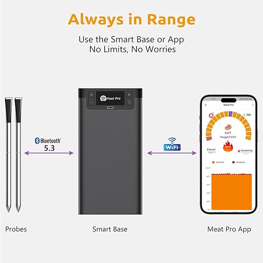 Meat Thermometer Digital Wireless, Long-Range BBQ Thermometer with 4 Probes, Dual Sensors for Perfect Grilling & Smoking - Black