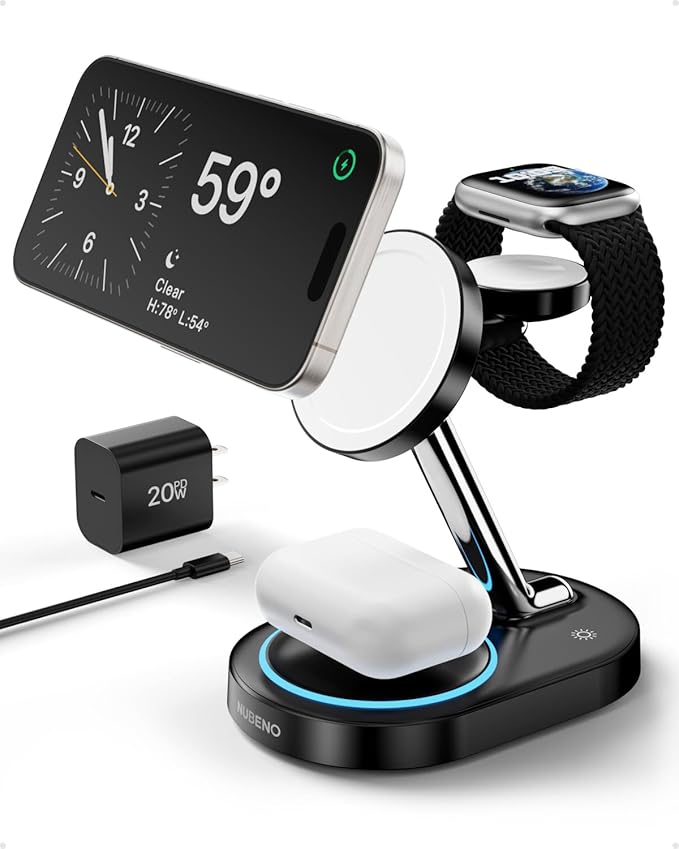 Fast Charging Station for Magsafe Apple Devices, Wireless Charger Station for MagSafe iPhones, 3 in 1 Magnetic Charger Stand for iPhone 15/14/13/12, Apple Watch & AirPods(Blk)