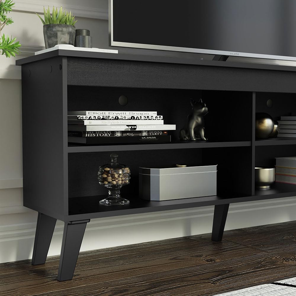 Madesa Compact TV Stand Cabinet with 4 Shelves and Cable Management for 50, 55 Inch TV Media Storage Unit Living Room and Bedroom Modern Wooden Television Media Console - Black
