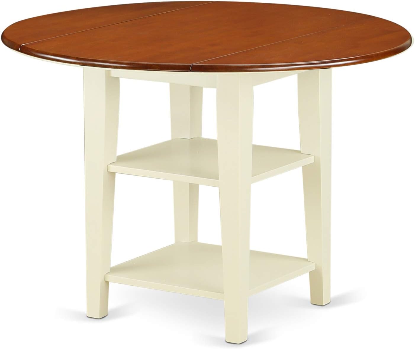 East West Furniture SUPL5-BMK-C 5 Piece Dining Room Furniture Set Includes a Round Kitchen Table with Dropleaf & Shelves and 4 Linen Fabric Upholstered Chairs, 42x42 Inch, Buttermilk & Cherry