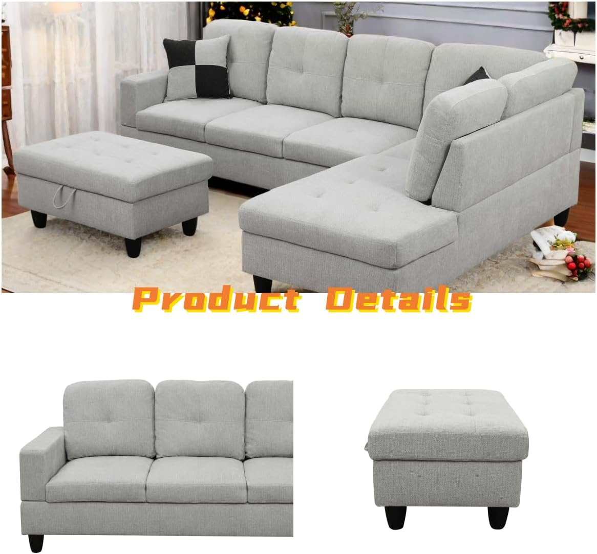 L Shaped Sectional Couch with Otttoman, 103" Sectional Sofa for Living Room Flannel Modular Couches with Cup Holders for Bedroom, Apartments, Light Grey