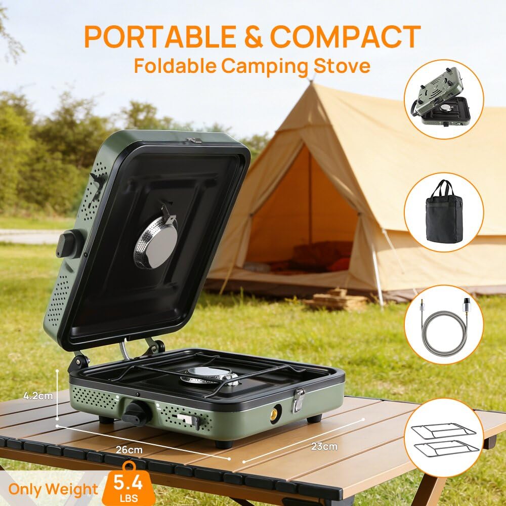 FGY 2 Burner Portable Gas Stove, 17,200 BTU Portable Folding Camp Stove,Dual gas stove with portable handle and Carrying Bag,Adjustment Burner & Piezo Ignition for Camp Cooking,Outdoor (Green）