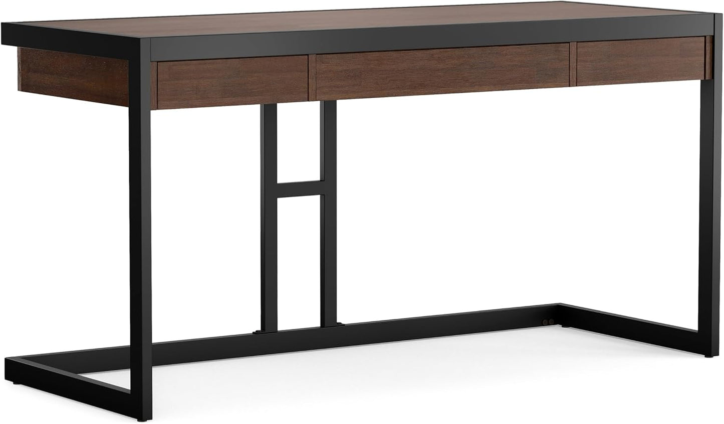 SIMPLIHOME Erina Desk - 60-Inch Wide Solid Acacia Wood and Metal Writing Desk in Distressed Charcoal Brown, Modern Industrial Home Office Computer Table for Study with 2 Drawers and Keyboard Tray