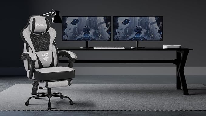Vonesse Gaming Chair, Reclining Fabric Gaming Chairs for Adults 250LBS, Office Chair with Pocket Spring Cushion, Computer Chair with Footrest and Massage Lumbar Support (Light Gray)