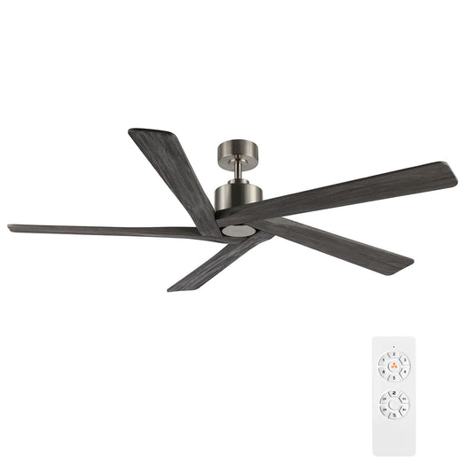 WINGBO 54 Inch DC Ceiling Fan without Lights, 5 Reversible Carved Solid Wood Blades, 6-Speed Noiseless DC Motor, Ceiling Fan No Light with Remote, Brushed Nickel Finish with Gray Blades, ETL Listed
