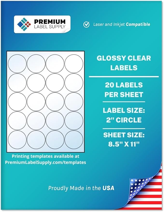 Premium Label Supply Glossy Clear Sticker Round Labels – 2" Circle – Laser/Inkjet Compatible – (20 per Sheet), 100 Sheets – 2,000 Total Adhesive Labels