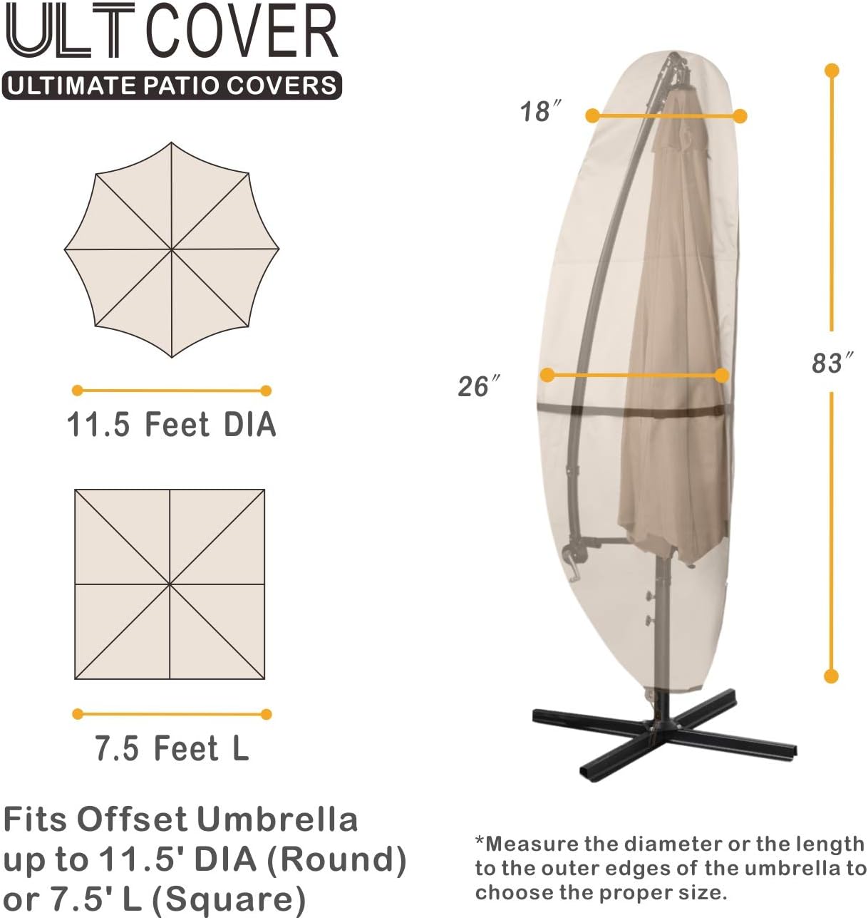 ULTCOVER Patio Parasol 600D Waterproof Outdoor Offset Banana Style Umbrella Cover - Fits Cantilever Offset Umbrella 7.5-11.5 Feet