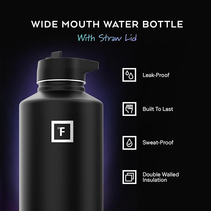 IRON °FLASK Camping & Hiking Hydration Flask with Straw, Wide Mouth Insulated Stainless Steel Sports Water Bottle - 64 oz Cobalt