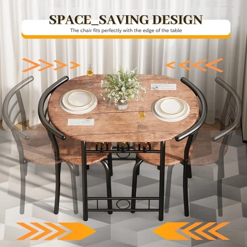 Shahoo 3-Piece Wooden Dining Table Set, Kitchen Breakfast Nook Sets with 2 Chairs & Round Tabletop, Space Saving Furniture Metal Frame and Built-in Wine Rack, Brown