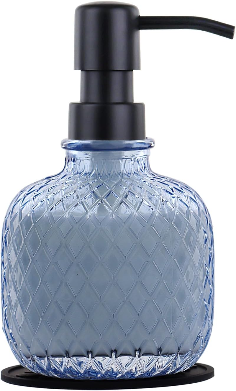 Soap Dispensers with Silicone Mat, for Kitchen and Bathroom Contertop Wash Hand Liquid, Dish Detergent, Farmhouse Style Shampoo Lotion Pump (1, Blue Glass with Black, 3-1/2" x 3-1/2" x 6-1/4")