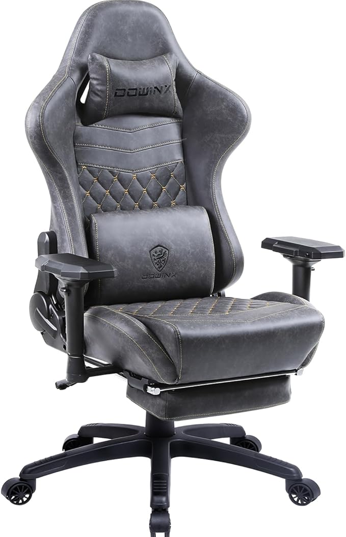 Dowinx Gaming Chair Big and Tall, Ergonomic Computer Chair with 4D Armrests and Footrest Massage Lumbar Support, High Back Comfortable Gamer Chair for Adults 350Lbs PU Leather for Office Game, Grey