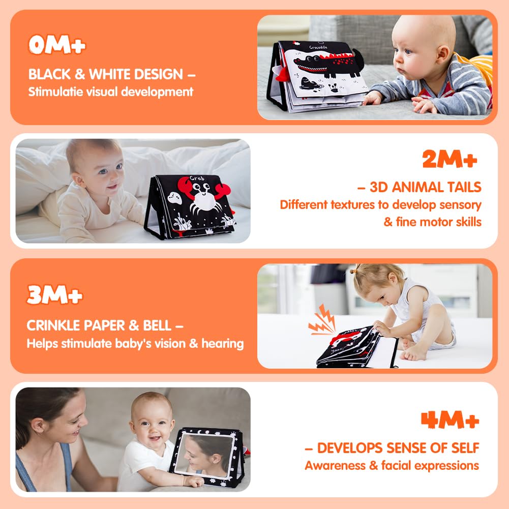 Yohome Black and White Baby Books for Newborn, Tummy Time Mirror, Baby Mirror Infant Toys with Soft Cloth Book, High Contrast Baby Toys, 3D Activity Crinkle Pages Sensory Tummy Time Toys for Babies