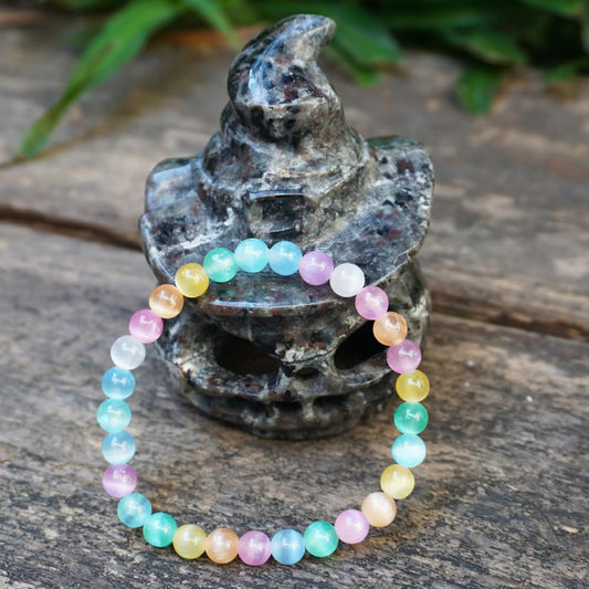 6mm Rainbow Selenite Bracelet - Iridescent Natural Crystal | Handmade Meditation Bracelet with Cat-Eye Effect | Come with Beading Tool Kit - Adjustable to 6.5-7.5 inches Wrist Size
