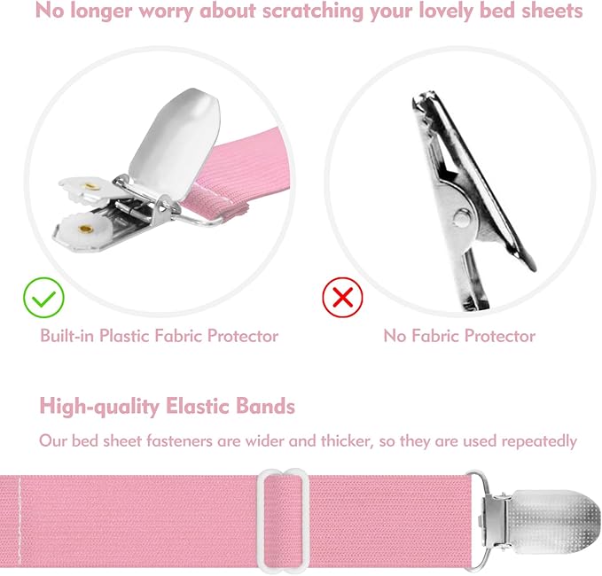 Bed Sheet Holder Straps, 4+2 Pcs Adjustable Mattress Sheet Clips, Bed Sheet Fasteners Elastic Sheet Suspenders to Keep Bed Sheet in Place for Different Beds (Pink)