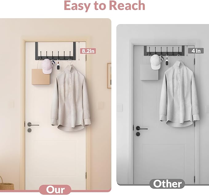 BAKON Over The Door Towel Rack with 6 Hooks, Heavy Duty Over Door Hooks for Hanging Clothes Coat Hat Jacket, Door Hanger Home Organizer for Bathroom Closet Bedroom Kitchen (1, Black)