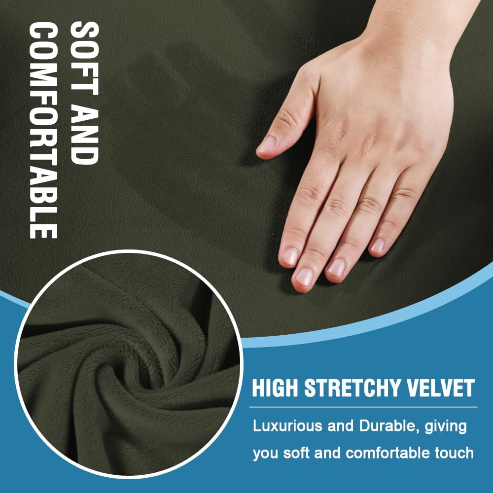 H.VERSAILTEX Sofa Cover 2 Piece T Cushion Armchair Slipcovers Thick Velvet Couch Cover Stretch T Cushion Sofa Covers for 1 Cushion Couch with 1 Individual T Cushion Covers, Olive